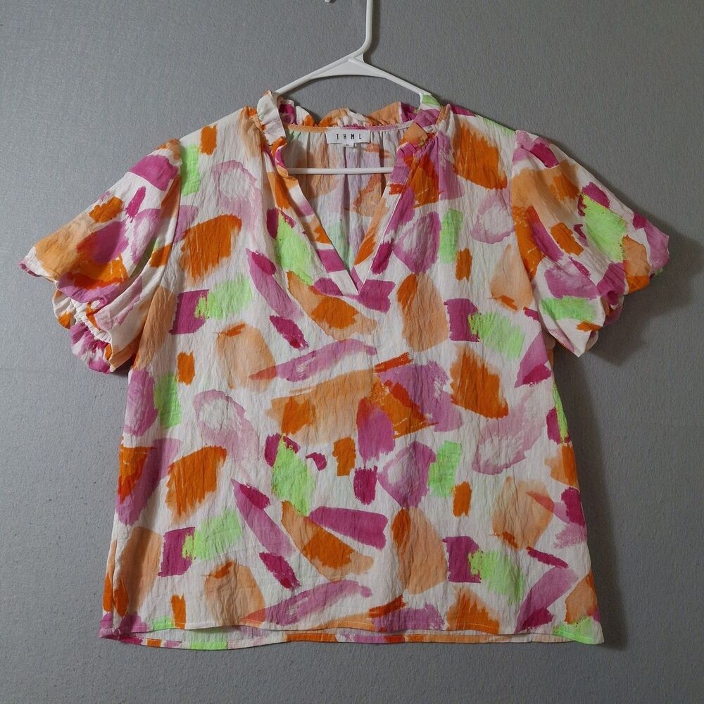 THML Blouse Women’s Size Medium Watercolor Brush Stroke Print Short Puff Sleeve